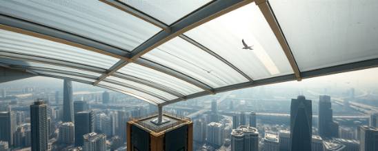 sturdy polycarbonate roofing, futuristic architecture, providing shade, photorealistic, atop a bustling urban skyscraper, highly detailed, occasional birds flying across, wide-angle view, cool grey, harsh sunlight casting dramatic shadows, shot with a 24mm wide-angle lens.