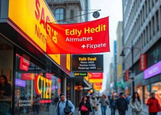 vivid polycarbonate signage, eye-catching, displaying information, photorealistic, urban street with busy pedestrians, highly detailed, waving gently in the wind, high resolution, vibrant reds and yellows, ambient city lights, shot with a 50mm lens.