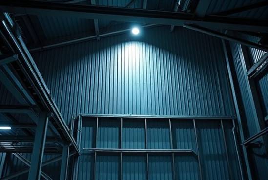 structural polycarbonate panels, sturdy, supporting architecture, photorealistic, futuristic industrial facility, highly detailed, interplay of light and shadow, corrugated surface, metallic blues and grays, artificial spotlight, shot with a 24mm lens.