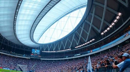 curved polycarbonate roofing, elegant, sheltering from rain, photorealistic, large stadium with cheering crowd, highly detailed, droplets sliding down, subtle reflections, clear and frosted patterns, stadium floodlights, shot with a fisheye lens.