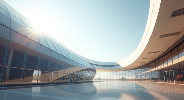 flexible polycarbonate panels, curved shape, integrating in design, photorealistic, futuristic architecture setting, highly detailed, sunlight casting shadows, 16k resolution, glossy, morning sun, shot with an ultra-wide lens.