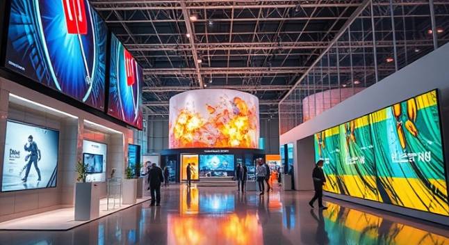 innovative polycarbonate uses, creative application, showcasing effectiveness, photorealistic, exhibition hall with tech displays, highly detailed, LED screens illuminating, 12k resolution, vibrant, ambient lighting, shot with a standard lens.