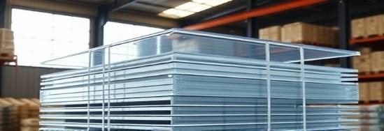 impact-resistant polycarbonate sheets, beveled edges, stacking, photorealistic, warehouse storage environment, highly detailed, light filtering through windows, 5k resolution, clear, diffused light, shot with a zoom lens.
