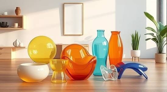 custom-designed polycarbonate products, ergonomic shape, showcasing variety, photorealistic, home decor studio, highly detailed, subtle reflections on surfaces, 7k resolution, multicolored, warm lighting, shot with a prime lens.