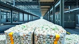 recyclable polycarbonate sheets, uniform thickness, recycling process, photorealistic, recycling plant with conveyor belts, highly detailed, plastic granules bouncing, 11k resolution, clear, industrial lighting, shot with an aerial lens.