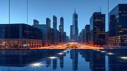 crystal-clear polycarbonate panels, high gloss, reflecting surroundings, photorealistic, modern urban skyline reflections, highly detailed, city lights shimmering, 13k resolution, transparent, twilight lighting, shot with a panoramic lens.