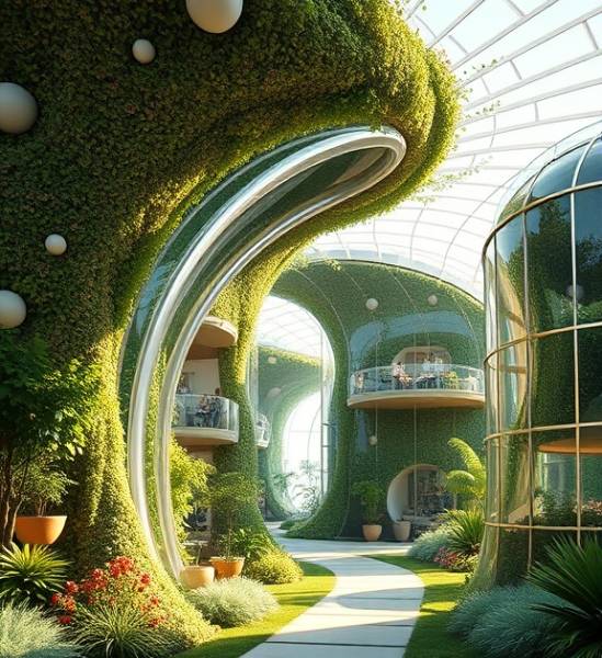 eco-friendly polycarbonate material, organic shapes, sustainable development, photorealistic, green building design studio, highly detailed, foliage incorporated in structures, 19k resolution, earthy tones, natural morning light, shot with a landscape lens.