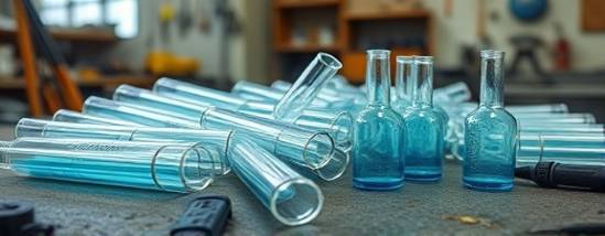 rigid transparent tubes, mesmerizing, scattered on a workbench, photorealistic, workshop environment with scattered tools, highly detailed, liquid inside, depth of field, colorless with a hint of blue, focused lighting, shot with a 85mm lens.