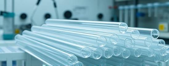 clear rigid tubes, contemplative, stacked in a pile, photorealistic, laboratory environment with measuring equipment, highly detailed, with water droplets, high-resolution, crystal clear, ambient overhead lighting, shot with a 35mm lens.