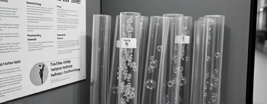 plastic transparent tubes, intriguing, leaning against a wall, photorealistic, display setting with informational posters, highly detailed, with air bubbles inside, ultra-fine texture, monochrome with hints of gradient, diffused light, shot with a 70-200mm lens.
