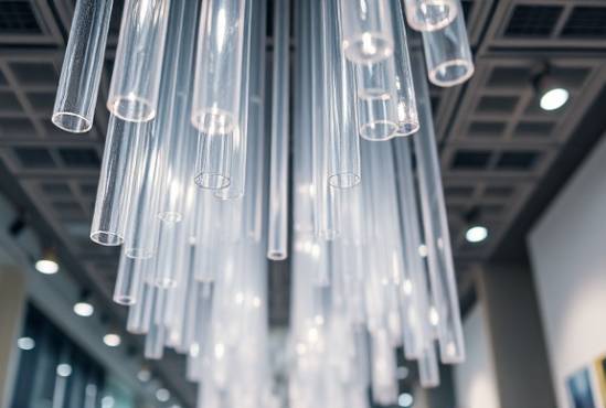 clear polycarbonate tubes, curious, hanging from the ceiling, photorealistic, exhibition hall with spotlights, highly detailed, moving slightly in a breeze, intricate clarity, frost-tinted, vibrant artificial lighting, shot with a 50mm lens.
