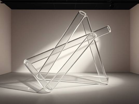 rigid clear tubes, elegant, forming geometric shapes, photorealistic, modern art gallery with minimal decor, highly detailed, intersecting shadows, smooth surfaces, colorless transparency, spotlight illumination, shot with a 105mm lens.