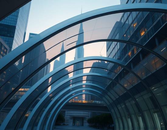 polycarbonate structures, elegant, curving upwards, photorealistic, futuristic cityscape in the background, highly detailed, dynamic play of shadows and highlights, sharp focus, translucent, ambient evening glow, shot with a 24mm wide-angle lens.
