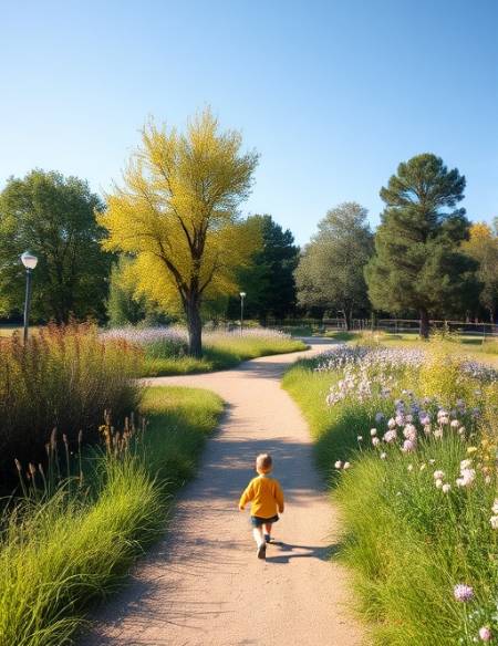 polycarbonate clarity, pristine, showcasing subtle textures, photorealistic, nature park with walking trails and wildflowers, highly detailed, gentle wind causing slight movement, ultra high-definition, sky blue, soft morning light, shot with a 85mm lens.