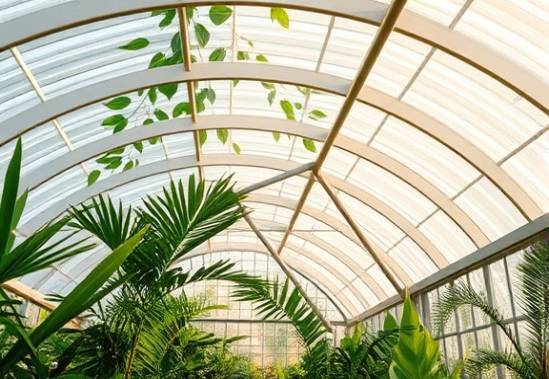 polycarbonate roofing, streamlined, enveloping a botanical greenhouse, photorealistic, lush green foliage visible through the roof, highly detailed, light filtering through leaves and roof material, crisp imagery, warm earthy tones, diffused afternoon light, shot with a macro lens.
