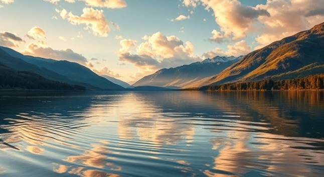 polycarbonate transparent, seamless, floating above a tranquil river, photorealistic, mountains and clouds reflected on the water, highly detailed, ripples creating motion, vivid resolution, crystal clear, golden hour glow, shot with a 35mm prime lens.