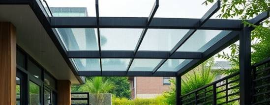 durable polycarbonate roofing, sleek and modern, providing shelter, photorealistic, situated on a contemporary urban home surrounded by lush greenery, highly detailed, gentle rain drops and beams of sunlight, ultra high-definition, smoky grey, overcast lighting, shot with a wide-angle lens.