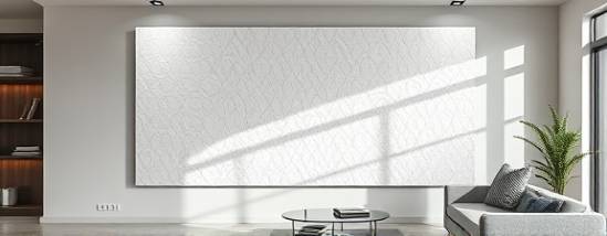 textured polycarbonate panel, sophisticated and intricate, mounted to a wall, photorealistic, installed in a minimalist living room with stylish furnishings, highly detailed, shadows and highlights interplay, high resolution, frosted white, ambient indoor lighting, shot with a tilt-shift lens.