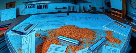 innovative polycarbonate material, trendy and versatile, being cut and molded, photorealistic, displayed on a designer's workbench scattered with patterns and blueprints, highly detailed, dynamic shavings and dust particles, 8K resolution, blue-tinted, warm artificial lighting, shot with a fisheye lens.