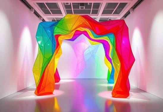 colorful polycarbonate design, creative and artistic, forming an abstract structure, photorealistic, showcased in an art gallery with white walls and spotlighting, highly detailed, light glimmers and patterns, ultra HD, vibrant rainbow, focused spotlight lighting, shot with a prime lens.