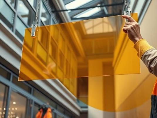 elegant polycarbonate sheet, polished and refined, being installed, photorealistic, set in a commercial space with modern architectural elements, highly detailed, small tools and worker's hands, full HD, translucent amber, soft daylight, shot with a zoom lens.