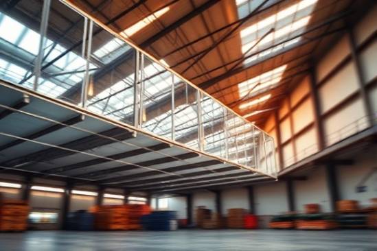 durable polycarbonate panels, seamless, being installed, photorealistic, industrial warehouse background, highly detailed, motion blur, glossy, warm afternoon light, shot with a wide-angle lens