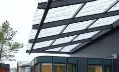 modern polycarbonate roofing, innovative, shielding rainfall, photorealistic, suburban home environment, highly detailed, water droplets, clear, overcast light, shot with a 50mm prime lens