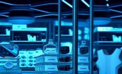 sleek polycarbonate products, futuristic, displayed on shelves, photorealistic, high-tech retail store, highly detailed, light flares, cool blue tint, ambient spotlight, shot with an 85mm lens