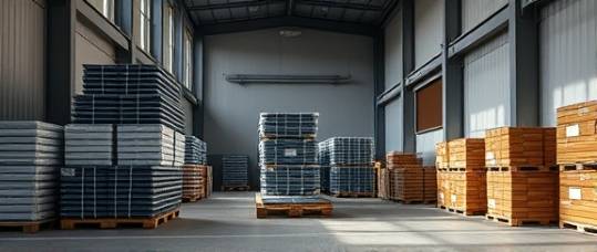 sturdy polycarbonate sheets, protective, stacked for delivery, photorealistic, logistics warehouse with loading dock, highly detailed, shadow play, industrial grey, soft morning light, shot with a 24mm wide-angle lens