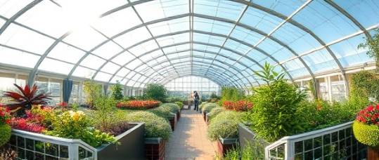 innovative polycarbonate roofing, environmentally friendly, covering a greenhouse, photorealistic, botanical garden setting, highly detailed, sunbeams penetrating, crystal clear, midday sunlight, shot with a 16mm fisheye lens