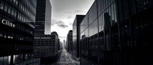 custom polycarbonate panels, stylish, forming architectural designs, photorealistic, urban cityscape, highly detailed, dynamic shadows, monochrome, evening city lights, shot with a tilt-shift lens