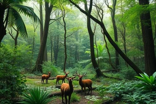 pristine polycarbonate environment, serene expression, preserving ecosystems, photorealistic, lush forest teeming with wildlife, highly detailed, natural fauna and flora, clean lines, deep greens, soft natural light, shot with a 35mm lens.