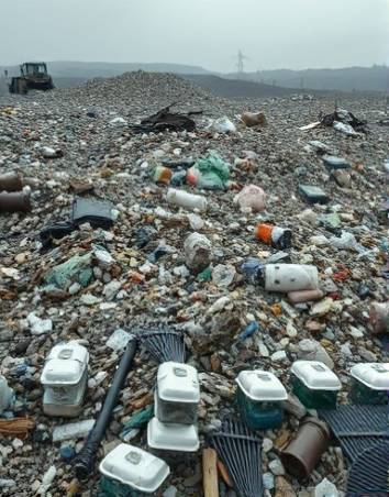 helpless polycarbonate waste, distressed expression, overflowing landfills, photorealistic, vast landscape dotted with plastic waste, highly detailed, discarded materials and debris, chaotic composition, dull greys and muted tones, overcast ambient lighting, shot with a 28mm lens.