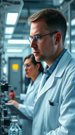 revolutionary polycarbonate recycling, determined expression, advancing technology, photorealistic, cutting-edge laboratory filled with equipment, highly detailed, scientists in lab coats analyzing data, complex machinery, metallic sheens and bright highlights, clinical lighting, shot with a 70mm lens.