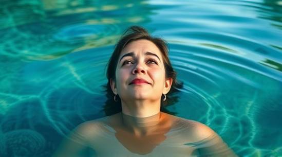 rare polycarbonate environment, awe-struck expression, witnessing pristine beauty, photorealistic, untouched natural reserve with clear waters, highly detailed, reflections and ripples in the water, tranquil mood, soft blues and greens, early morning light, shot with a 16mm lens.