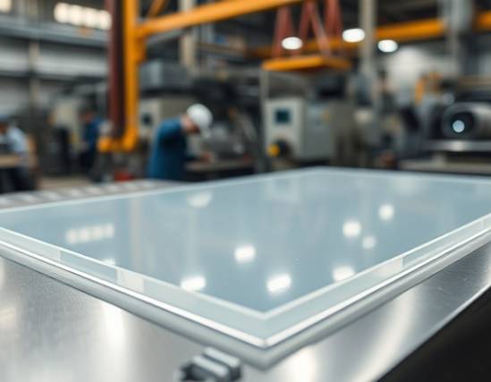 polycarbonate material sheet, smooth surface, being machined, photorealistic, inside a manufacturing plant with visible workers, highly detailed, dust particles in the air, focus stacking, metallic and translucent hues, artificial industrial lighting, shot with a 50mm prime lens.