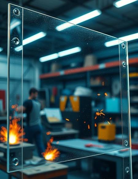 industrial polycarbonate transparent sheet, glistening, being shaped, photorealistic, closeup of a bustling workshop, highly detailed, sparks from welding, high dynamic range, cool tones and reflections, overhead fluorescent lighting, shot with an 85mm lens.