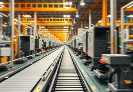 polycarbonate industrial panel, robust, assembly line operations, photorealistic, factory floor with conveyor belts and equipment, highly detailed, motion blur from moving parts, shallow depth of field, warm and neutral colors with glossy surfaces, ambient indoor lighting, shot with a 70-200mm telephoto lens.