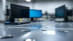 polycarbonate material with drilled holes, functional, being tested, photorealistic, testing facility with monitors and equipment, highly detailed, dynamic depth of field, sharp focus, grayscale and transparent shades, under fluorescent lighting, shot with a 90mm tilt-shift lens.